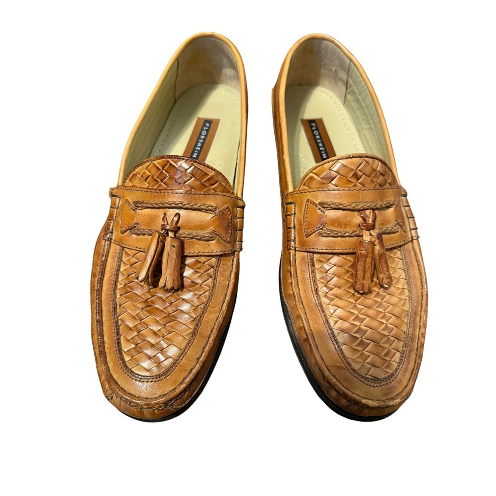 Florsheim Mens Tan Woven Leather Tassel Loafer Shoes Size 12 D Made in‎ Brazil